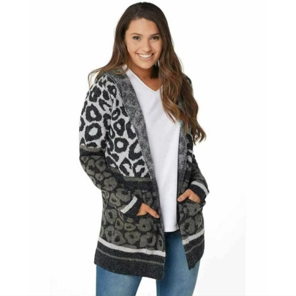 Joseph A. Charcoal and Black Leopard  Patterned Cardigan. NWOT Size Small